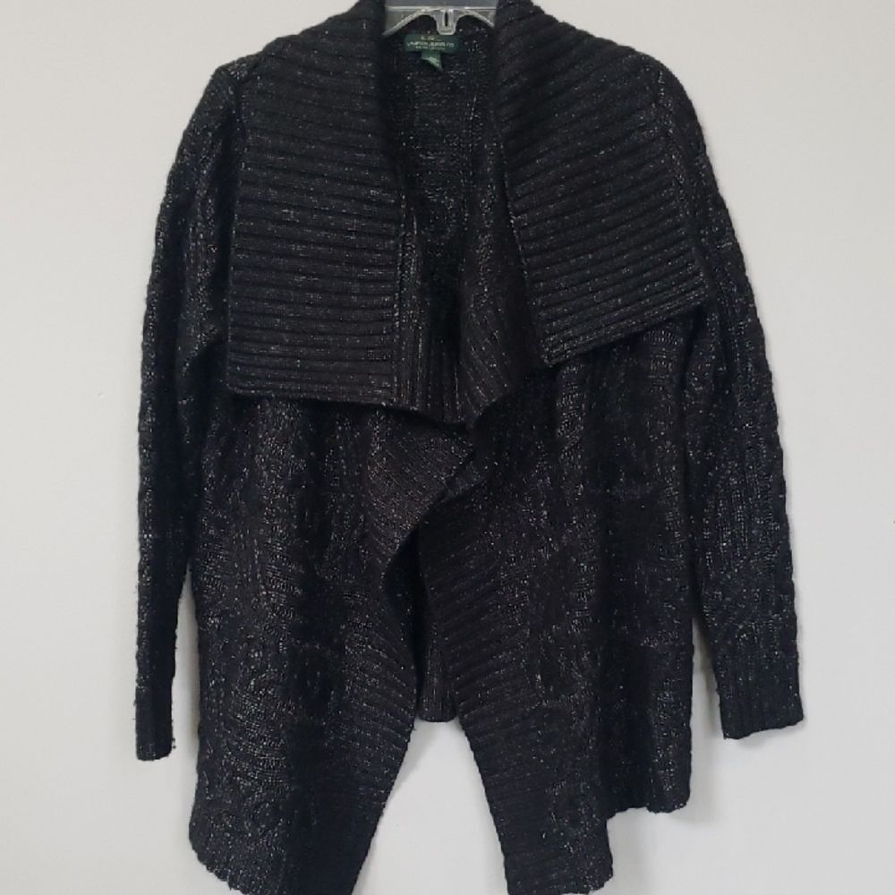Ralph Lauren Jeans Co Womens Black Open Cardigan Sweater Shawl Collar Cable Knit